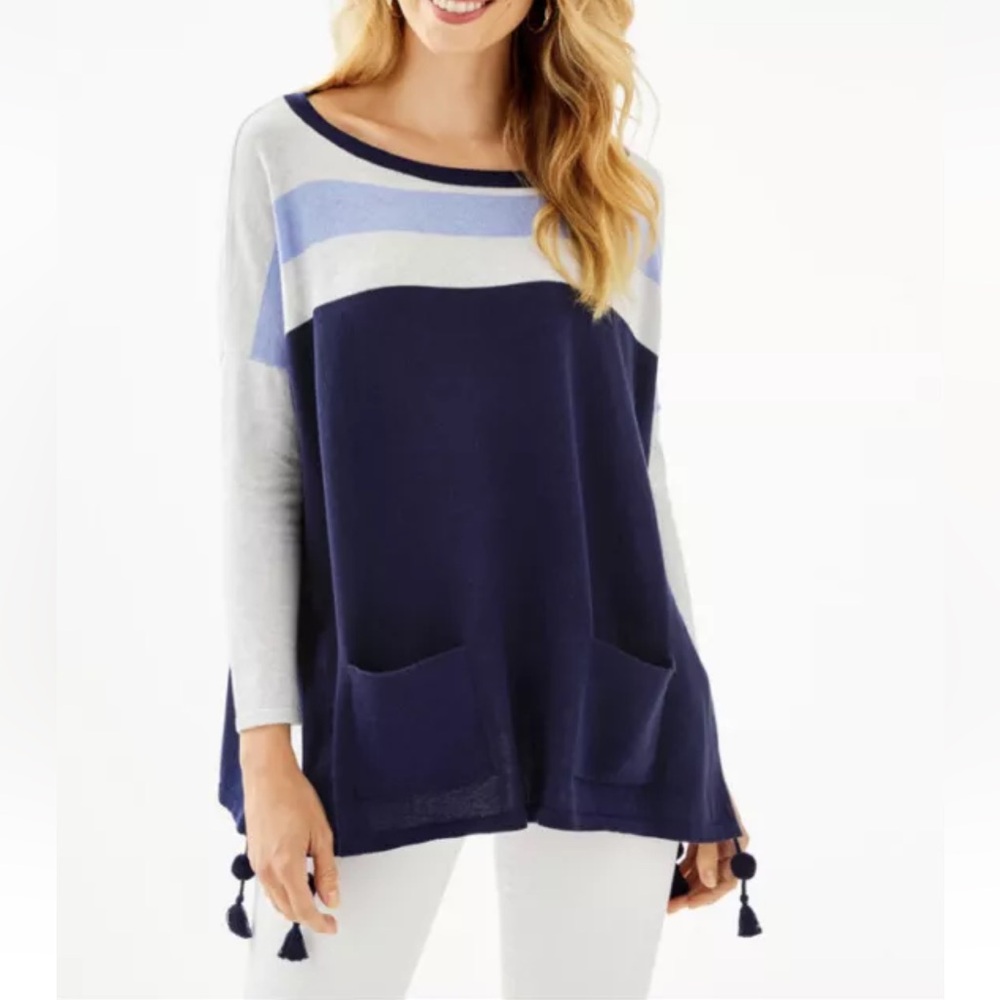 Lilly Pulitzer- Elba Cool Max Sweater W/Tassel Detail, Navy/Grey Stripe, Size L